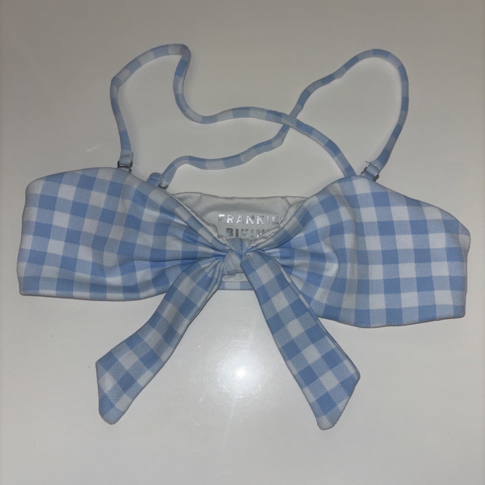 Frankies Bikinis Greer Gingham Bow Front Bikini Top Blue White Medium - Picture 2 of 6